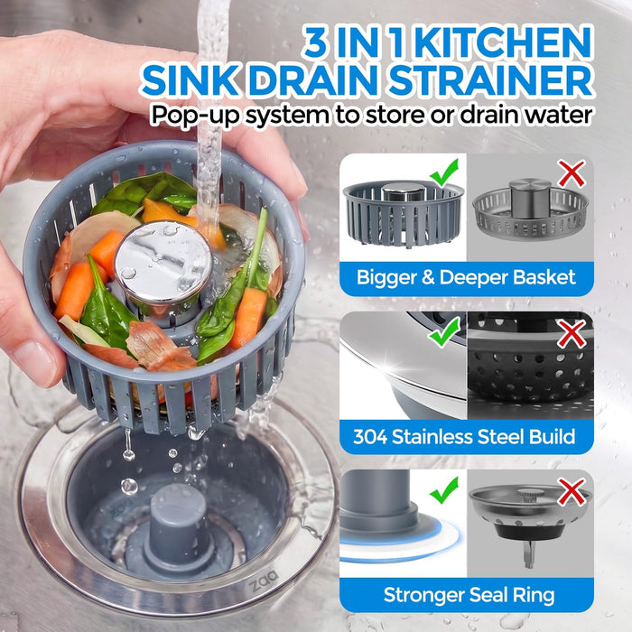 3 in 1 Kitchen Sink Drain Strainer Stopper Removable Basket Pop-Up