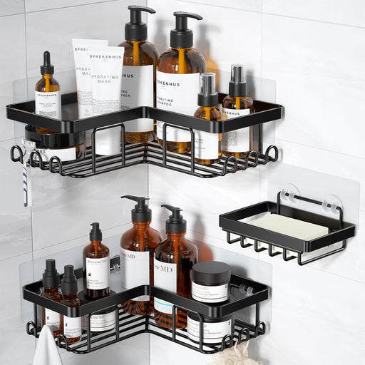Corner Adhesive Shower Caddy, with Soap Holder and 12 Hooks, Rustproof Stainless Steel Bathroom Organizer, No Drilling W