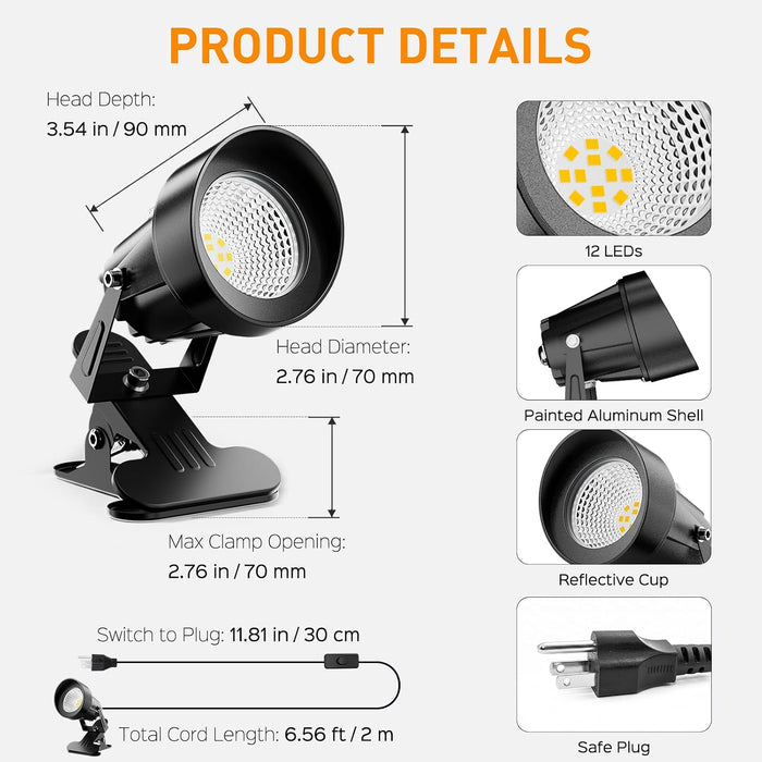 LED Clamp Spot Lights 2 Pack, 3000K Warm White Indoor Spotlights, Clip On Lights with 2.76" Wide Clamp, 270° Adjustable & Switch for Artwork, Plants, Shelves, Displays, Workshop, Desk