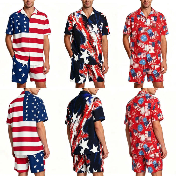Men'S Fashion 2-Piece Matching Shortsleeve Collared Neck Tropical Set - Casual Stylish Flag Pattern Shirt & Bottoms, Loose Fit, plus Size Hawaiian Patriotic Streetwear for 4Th of July