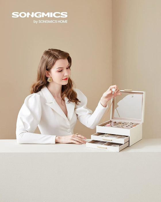 Jewelry Box Organizer, 3-Layer Storage with 2 Drawers, Glass Lid