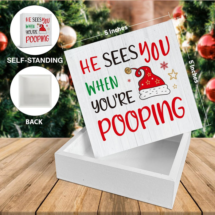 Christmas Bathroom Decorations, Funny Christmas Wood Sign Decor 5x5 Inches