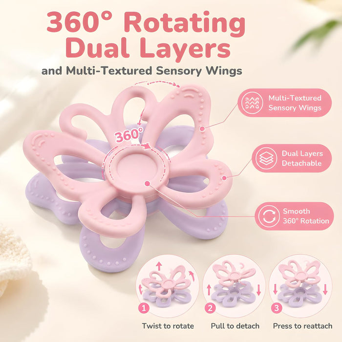 Baby Teething Toys for 3M+, Double Side Butterfly & Flower Teether,BPA Free