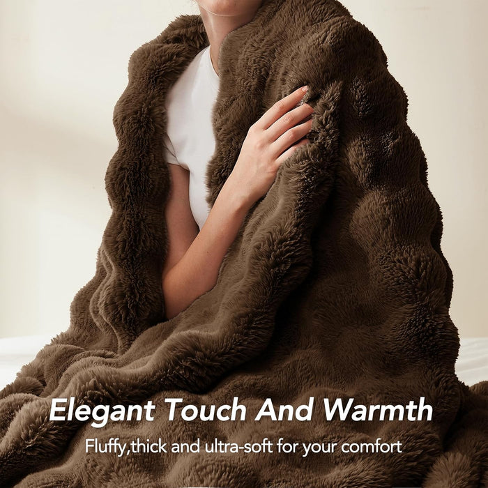Faux Rabbit Fur Throw Blanket for Couch, 50'' x 60'', Cocoa Brown