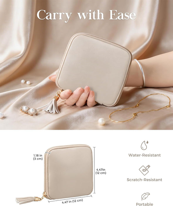 Travel Jewelry Case Organizer, Small Soft Jewellery Pouch -Oatmeal