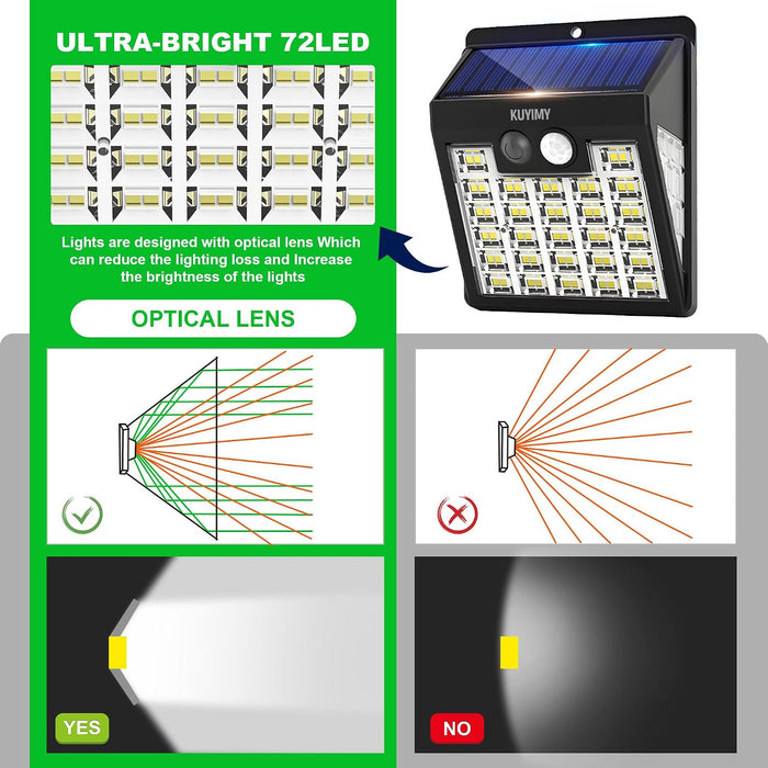 Solar Lights Outdoor, 72 LED Motion Sensor Wall Light, IP65 Waterproof and 3 Lighting Modes, Solar Powered Security Wireless Light Outside for Patio, Garden, Fence, Porch, Front Door(2 Packs)