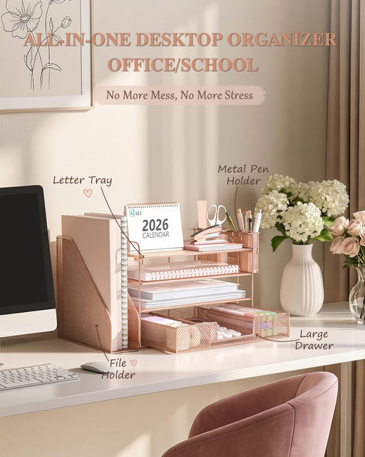 Desk File Organizer, 4 Tier Desktop Paper Letter Tray Organizer with Drawer and 2 Pen Holders, Office Desk Accessories &