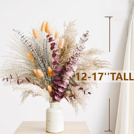 Fall Dried Flower Bouquet with Pampas Grass, Orange Bunny Tails, Lavender & Red Eucalyptus –Boho Fall Decor for Home, Va