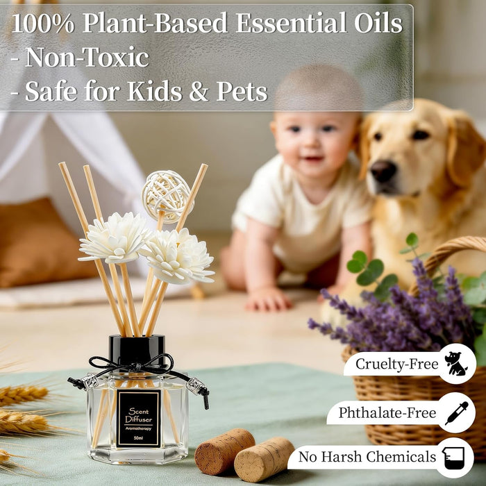 2PCS Lavender Reed Diffuser Set 1.7 fl oz with 6 Scent Sticks, Calming Essential Oil Diffuser Sticks for Home, Relaxing 