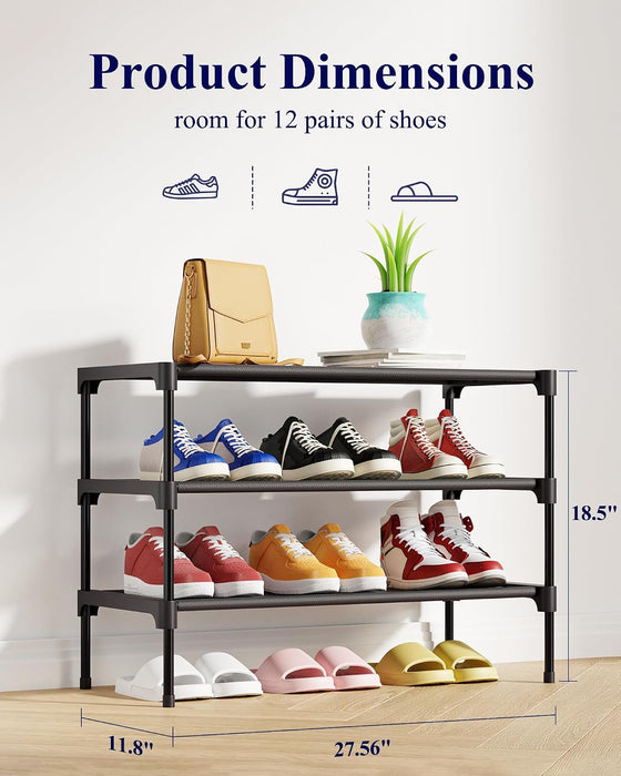 Shoe Rack - Non-Woven Shoe Rack Shelf, 27.5" Wide - 3 Tier, Black