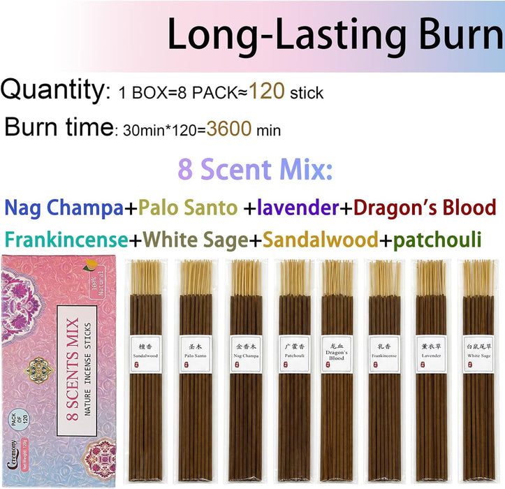 8 Scents Incense Sticks, 8 in 1 Mix Incense,120 Stick Incense for Mediation,100% Natural-Handmade for Yoga, Organic-Chem