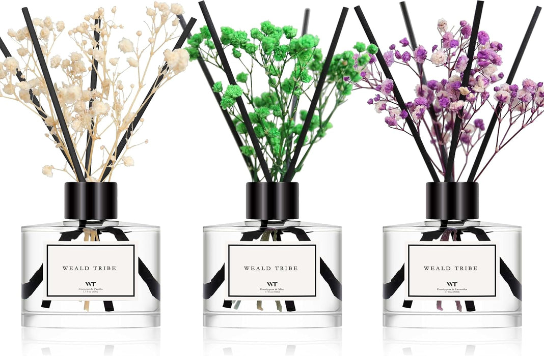 Flower Reed Diffuser Set of 3 for Bathroom Air Fresheners Shelf Decor, Eucalyptus & Lavender/Coconut & Vanilla/Eucalyptus & Mint Scent(1.7 fl oz/Pack) | Sticks Defusers Essential Oils Home Fragrance