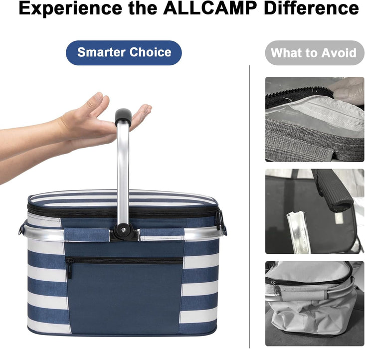 ALLCAMP Picnic Basket, 22L Insulated Cooler Foldable, Thick, Blue White