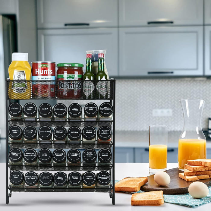 Spice Rack Organizer with 28 Spice Jars, Black Lids, Spice Labels