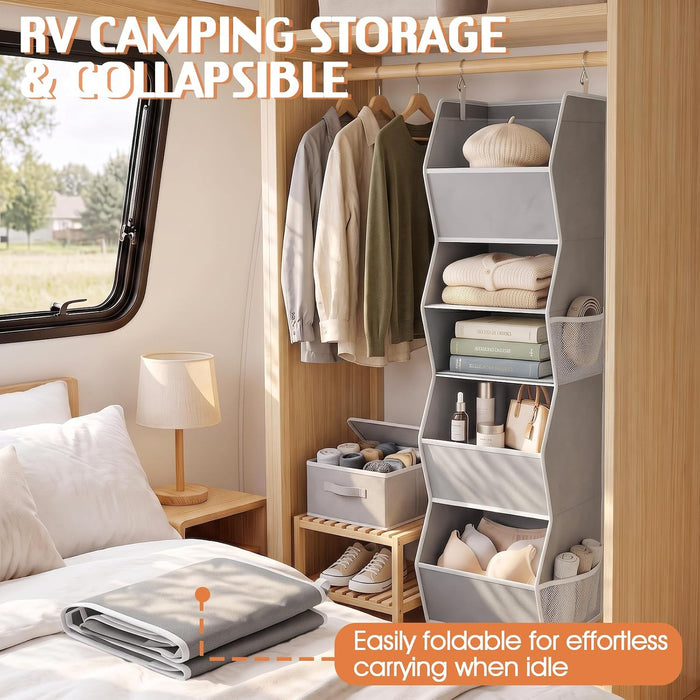 Hanging Closet Organizer 5 Shelf with 4 Side Mesh Pockets, Foldable Closet Organizers and Storage Hanging for Wardrobe, Closet Rod & RV Camping, Front Anti-Slip Support, Grey