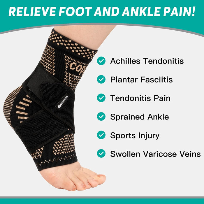 Ankle Brace for Women & Men, Ankle Compression Sleeve Support Copper Infused Ankle Brace for Sprained Ankle, Plantar Fasciitis Sports, Achilles Tendonitis Pain Relief, Copper Black, M