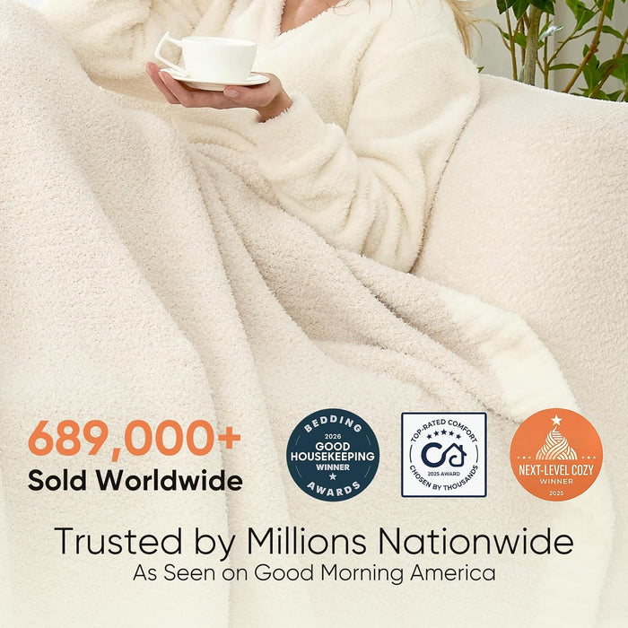 Buttery Ivory Throw Blanket for Couch, Reversible Super Soft Knitted Blankets, Warm Cozy Knit Fuzzy Plush Lightweight Throws Dupes for Sofa, Bed, Picnic, Ivory, 50 x 60 inches