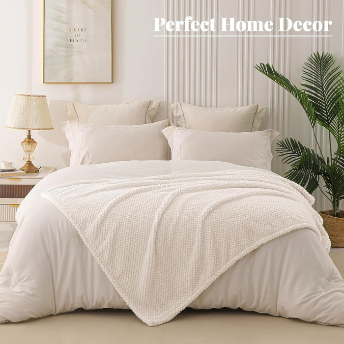 Extra Large Fuzzy Fleece Throw Blanket for Couch, 50x70 Inch Fluffy Warm Soft Jacquard Blankets for All Season, Lightweight and Cozy, Ivory