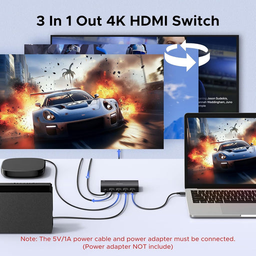 HDMI Switch 3 in 1 Out, 4K@60Hz, with Remote, HDR10+, 3D, Dolby