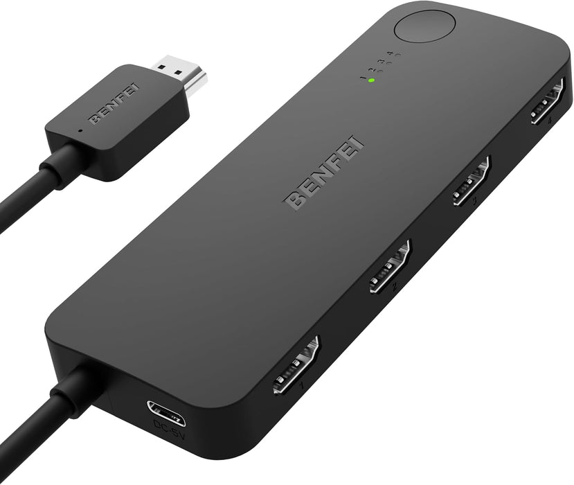 HDMI Switch 4 in 1 Out 4K@60Hz, 2K@144Hz, HDCP 2.3 【with Adaptive Equalization Support 10M HDMI Transmit】 Compatible for PS5/4, Xbox, Roku, FireStick, Switch