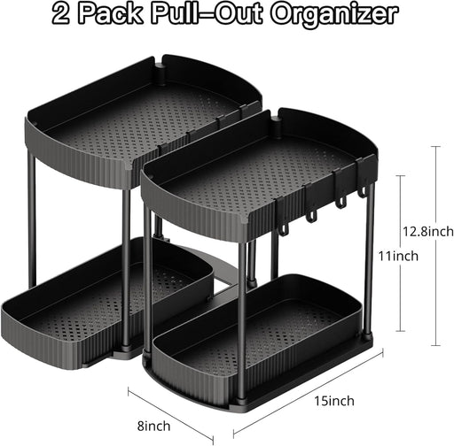 2 Packs Under Sink Pull-Out Storage Organizers, 12.8 Inches, Black