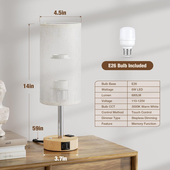 Touch Bedside Table Lamp for Bedroom, Stepless Dimmable, USB A+C, AC Outlet