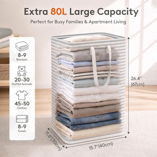 80L Large Laundry Baskets, Laundry Hampers Bags, 2 Pack, Grey