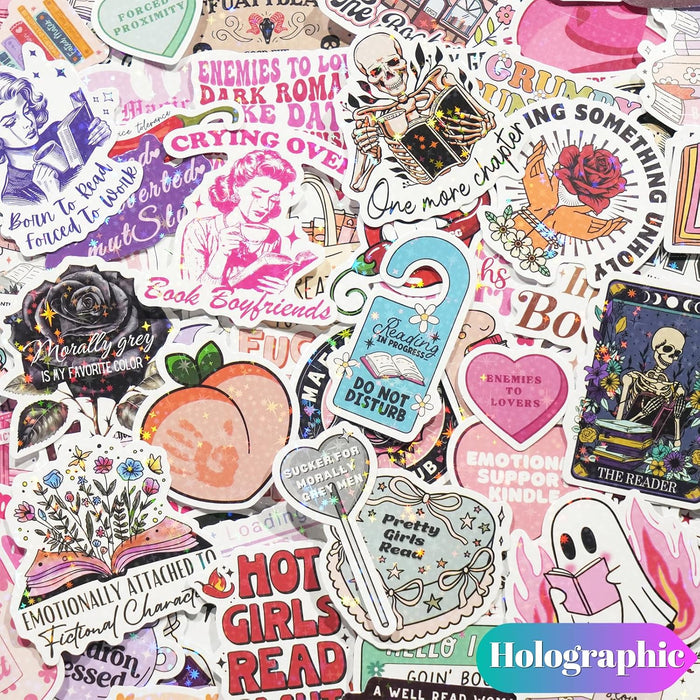150 PCS Romance Book Stickers for Kindle, Holographic Bookish Sticker Pack Reading Glitter Vinyl Decals for Laptop Ebook Readers Water Bottles Journal Scrapbook Waterproof