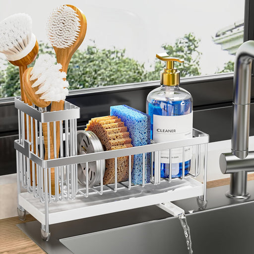 Sponge Holder for Kitchen Sink, Sink Caddy Organizer with High Brush Holder, Kitchen Countertop Organizers and Storage Essentials, Rustproof 304 Stainless Steel (Silver, 9.25″)