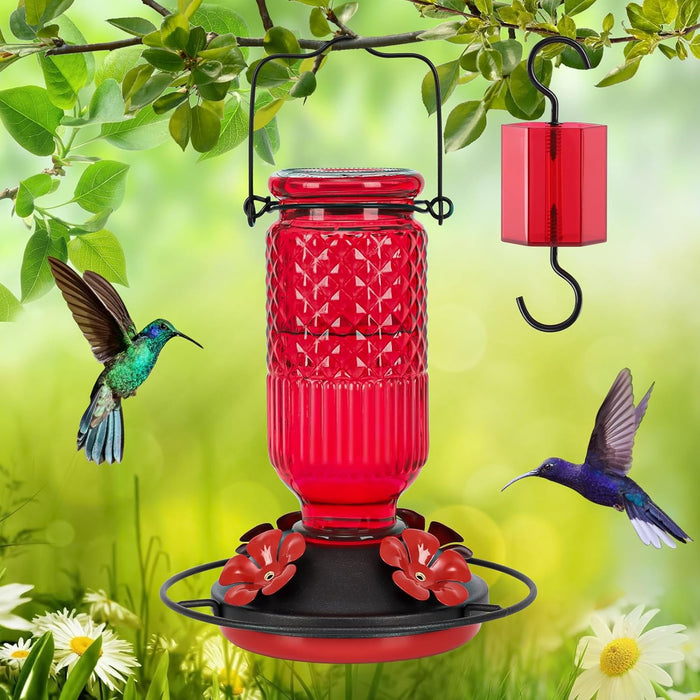 Glass Hummingbird Feeder for Outdoors Hanging, 16 OZ Humming Birds Feeders with 4 Bee Guard Feeding Ports & Built-in Ant Moat, Bird Feeder for Outside, Gifts for Women Mom, Red