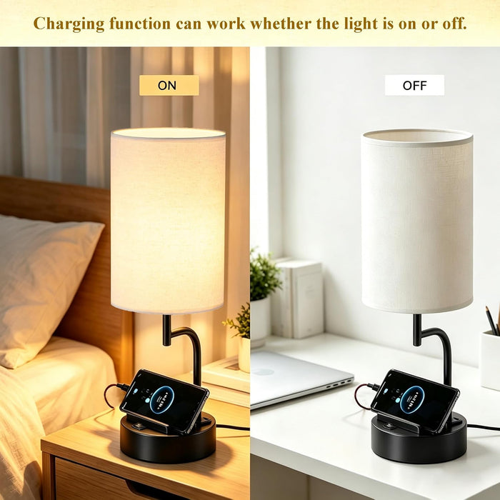 2 Pack Table Lamp, Bedside Lamp with 3 USB Charging Ports & AC Outlet, USB Desk Lamp with 2 Phone Holders, Linen Fabric 