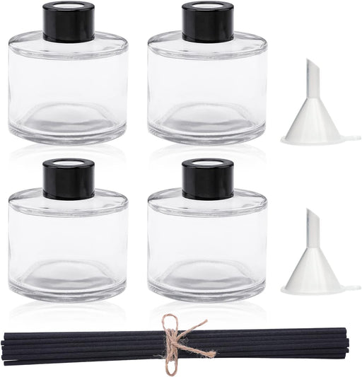 4PCS Fragrance Glass Diffuser Bottles, Refillable Diffuser Bottles with 20pcs Reeds Sticks & Black Caps & Funnel, Diffuser Jars for Home Oil Fragrance Decoration Girl Women Gift (100ML)