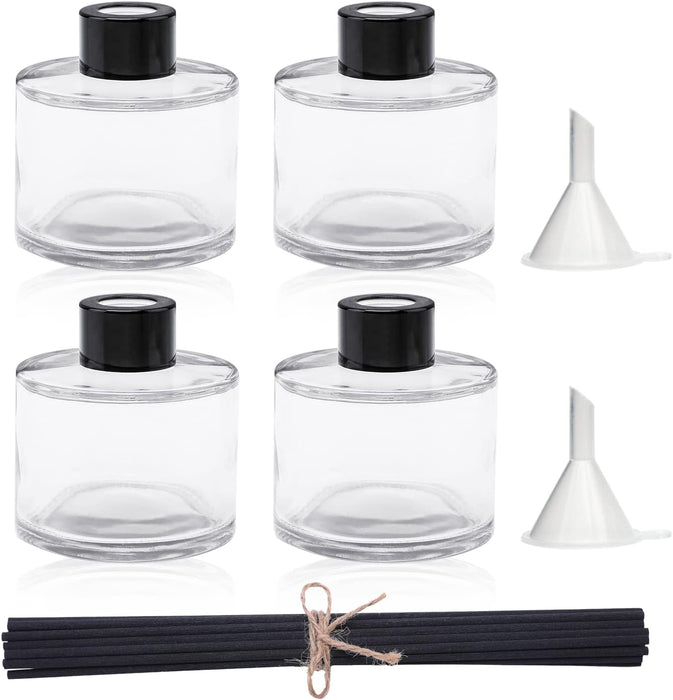 4PCS Fragrance Glass Diffuser Bottles, Refillable Diffuser Bottles with 20pcs Reeds Sticks & Black Caps & Funnel, Diffuser Jars for Home Oil Fragrance Decoration Girl Women Gift (100ML)