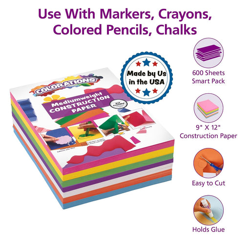 Construction Paper for Kids - 7 Bright Colors - 600 Bulk Sheets of 9"X12" - Assorted Pack of Heavy-Duty Craft Paper, Bulk School Supplies