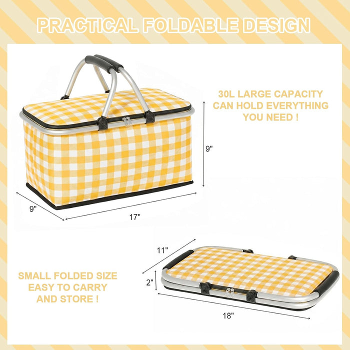 Insulated Picnic Basket, Collapsible Market Basket (Yellow Grid)