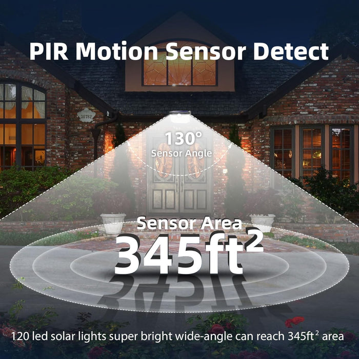 Solar Lights Outdoor 120 LED 3 Lighting Modes,Motion Sensor Wall Lights, IP65 Waterproof Solar Powered Wall Lights for Garden Deck Lights (Front Button 4Packs, Black Shell-Daylight White)