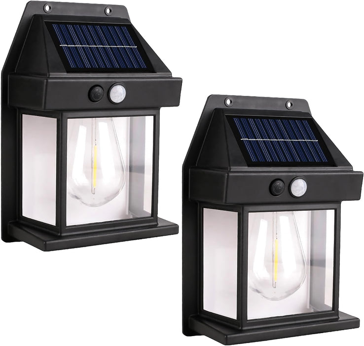 Solar Wall Lights Outdoor [2 Pack] Dusk to Dawn Solar Motion Lights Outdoor, Waterproof, 3 Lighting Modes, Wall Mount Light Sconces For Outside Patio Fence Yard Garage (BLACK-1 BULB, 2 PACK STANDARD)
