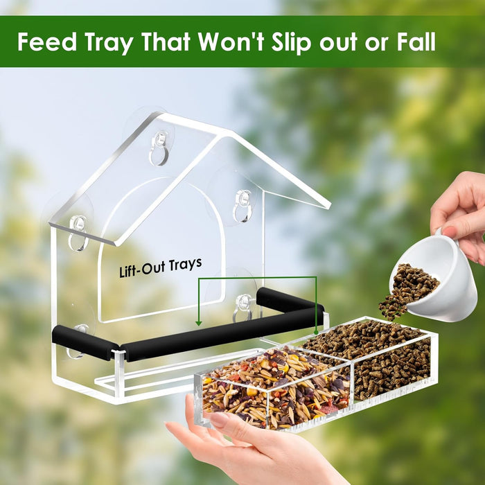 Clear Window Bird Feeder with 5 Extra Strong Suction Cups,  Sturdy and Durable Acrylic Birdfeeders for Viewing Wild Birds Outside, as a Bird Watching Gift, Outdoor Birdhouse Box, Garden Decor