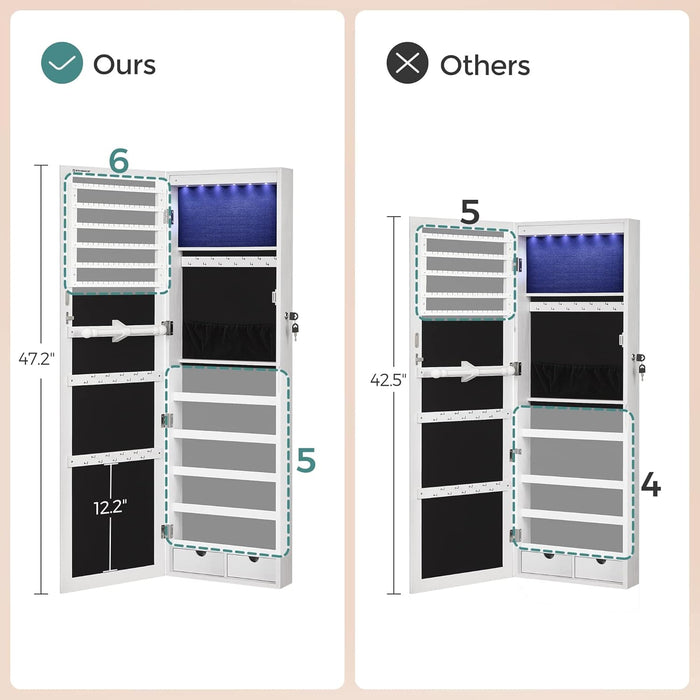 6 LEDs Mirror Jewelry Cabinet, 47.2-Inch Tall Lockable Wall or Door Mounted Jewelry Armoire Organizer with Mirror, 2 Drawers, 3.9 x 14.6 x 47.2 Inches, White UJJC93W