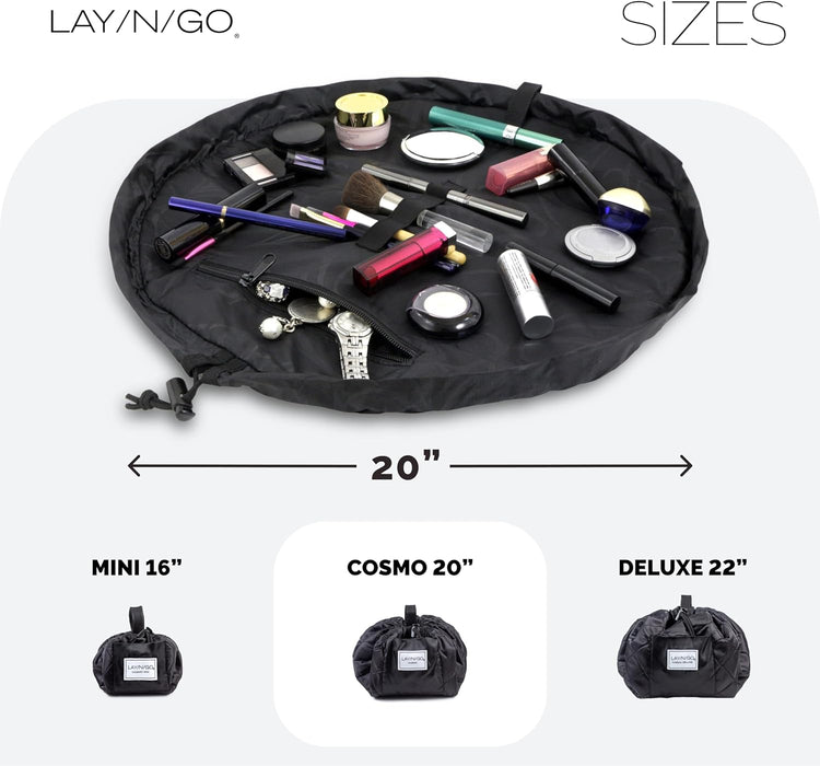 Cosmo Layflat Drawstring Cosmetic & Makeup Bag Organizer - Portable Drawstring Bag w/Zipper Pocket, Makeup Loops & More 