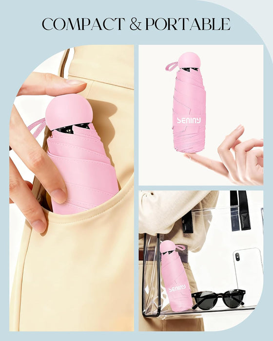 Mini Travel Umbrella with Case, Compact Pocket Size UV Sun & Rain