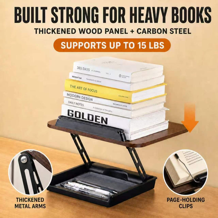 Adjustable Wooden Book Stand with Storage and Reading Light