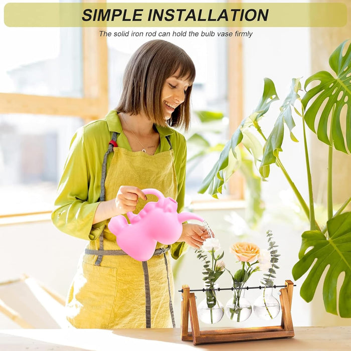 Plant Terrarium with Wooden Stand, Air Planter Bulb Glass Vase Metal Swivel Holder Retro Tabletop for Hydroponics Home G