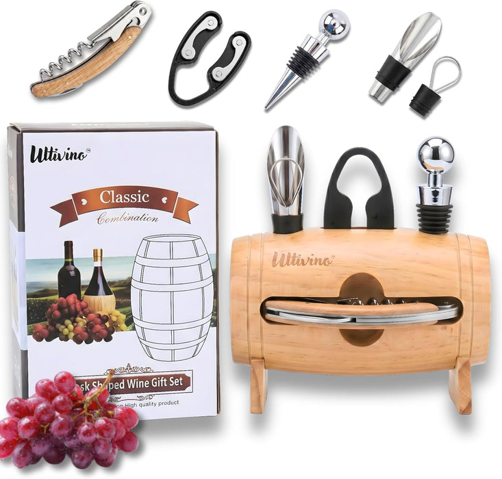 4-in-1 Cask Shaped Wine Essentials Gift Set with Wood Bottle Opener, Wine Pourer, Foil Cutter, and Wine Stopper with Han