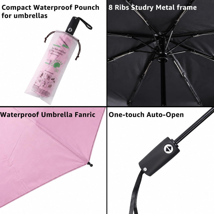 Compact Travel Umbrella Small Windproof Auto Open Close for UV Sun Protection UPF 50+ and Rain Fits Backpack Purse & Sui