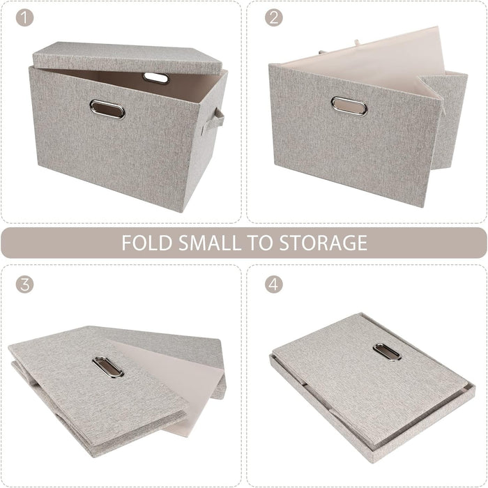 Large Quart Collapsible Stackable Storage Bins with Lids, 3 Packs Beige Linen Fabric Closet Boxes with Lids, Storage Cub