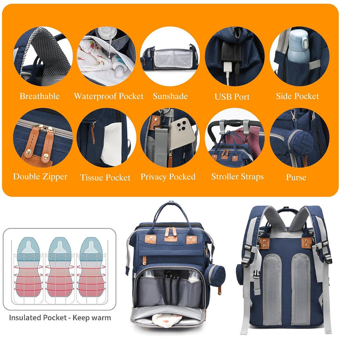 Baby Diaper Bag with Changing Station, Waterproof Diaper Bag Backpack for Moms Dads with USB Charging Port, Baby Shower 