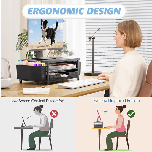 Desk Organizers and Accessories, Computer Monitor Stand Riser with Drawer and 2 Pen Holders, Printer & Laptop Stand, Off