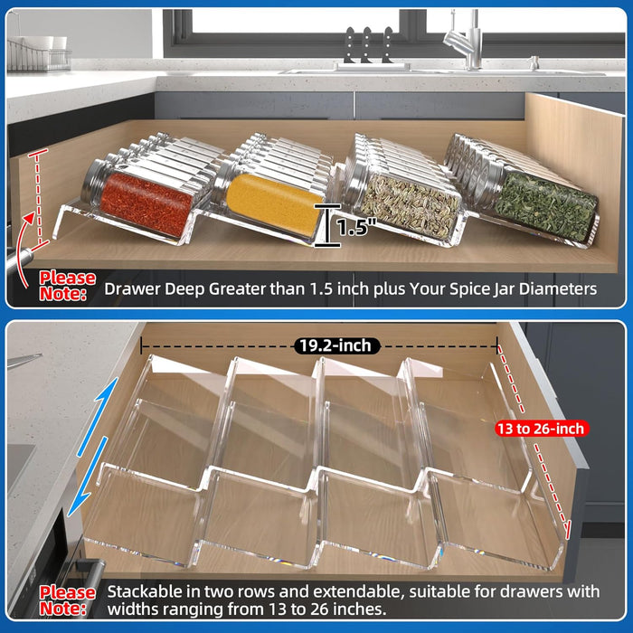 Clear Acrylic Spice Drawer Organizer, 4 Tier- 2 Set Expandable From 13" to 26" Drawer Seasoning Organizer, Kitchen Spice