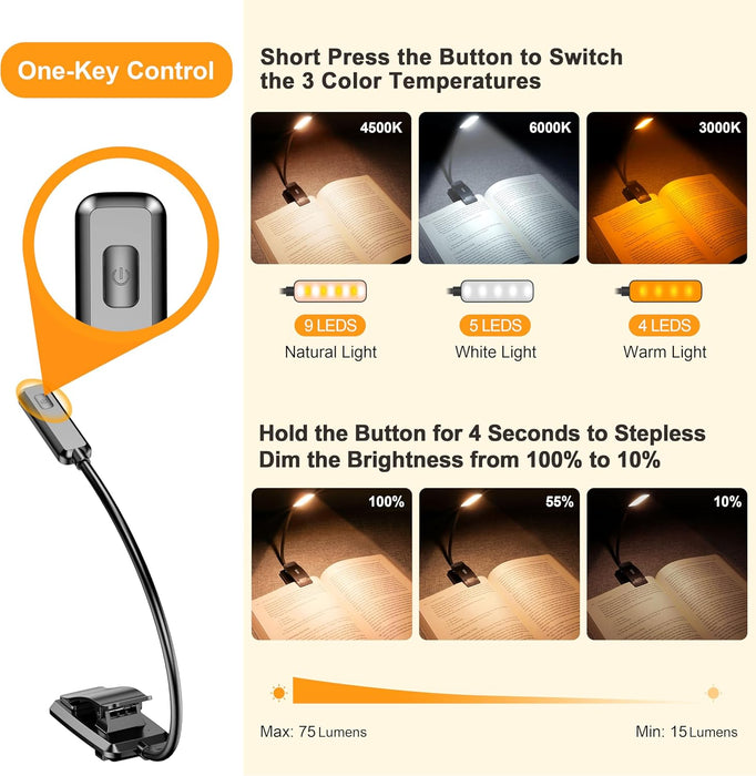 9 LED Rechargeable Book Light for Reading in Bed